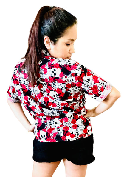 Skull and Roses casual women’s button up shirt