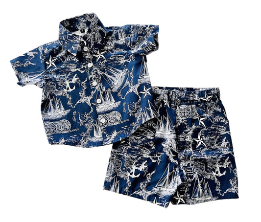 Midnight blue explorer ship map button up shirt with matching blue shorts