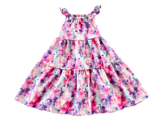 Cotton Candy Pink Galaxy Gathered Ruffle Dress with Back Tie